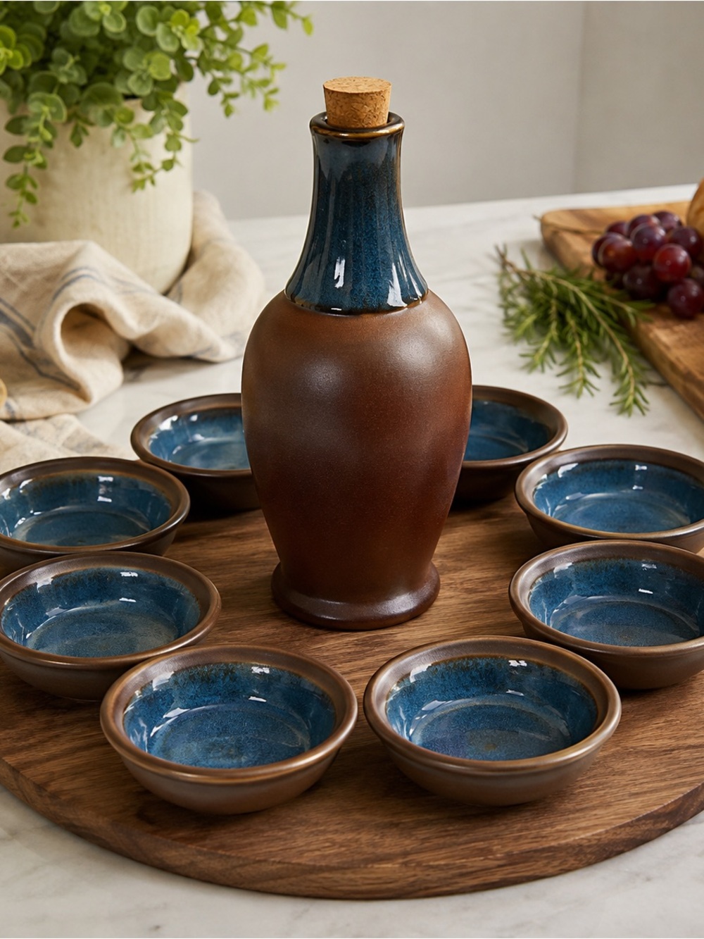 Sango Canyon Blue Stoneware 8 Piece Bread Dipping Set NIB Oil Bottle Bowls - Picture 1 of 6